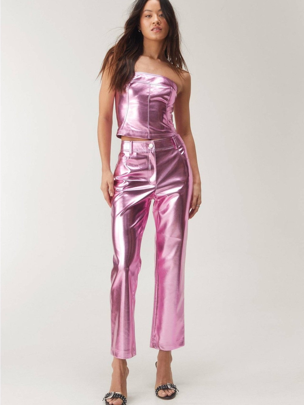 New! Nasty Gal Metallic Faux Leather Straight Fit Pink High-Rise Pants size 6